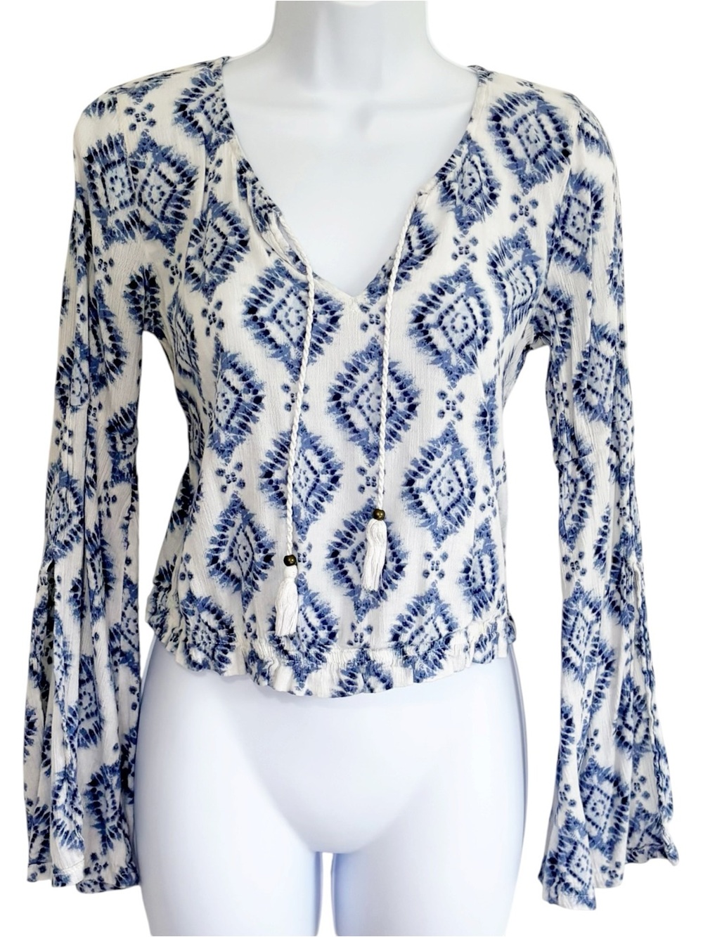 HOLLISTER Y2K Blue White Bell Sleeve Boho Tassel Tie Peasant Top Small